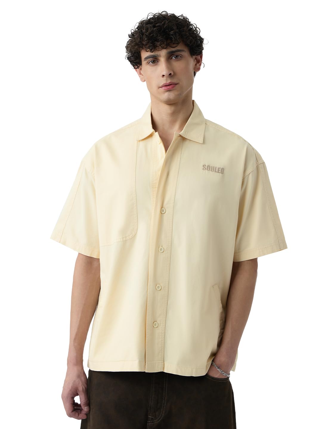 The Souled Store Panel Detail: Dune White Men and Boys Short Sleeves Collared Neck Button Front Off White Embroidered Cotton Ove