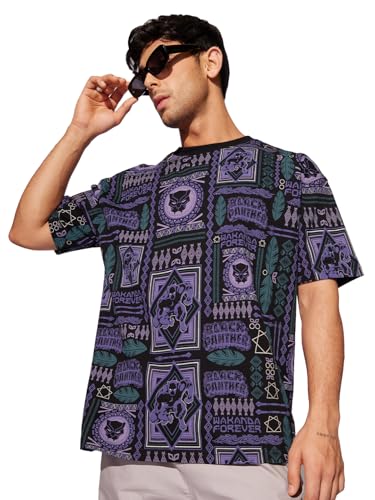 The Souled Store Official Black Panther: Wakanda Tribe Men And Boys Short Sleeves Round Neck Black All Over Printed Cotton Overs