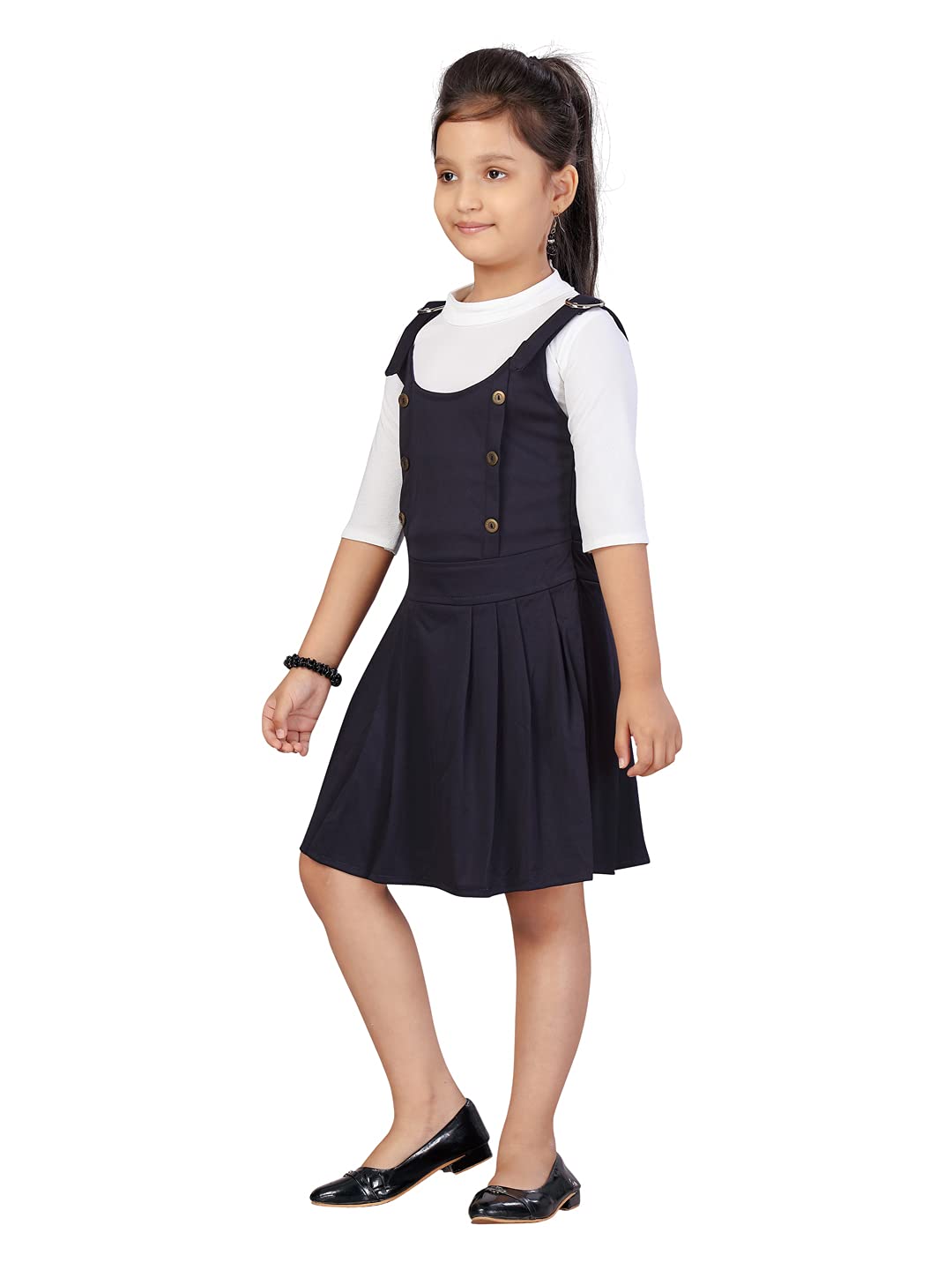 Aarika Girl's Cotton Blend Skater Knee-Length Dress (DR-1615_White-Navy-Blue_24)