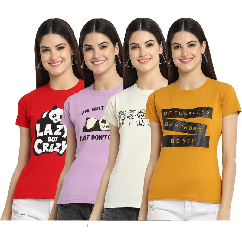 Preneum Womens Cotton Regular Fit Latest Graphic Stylish Printed Short Sleeves Casual T-Shirt (Pack 4), Red & Purple & Off Whit
