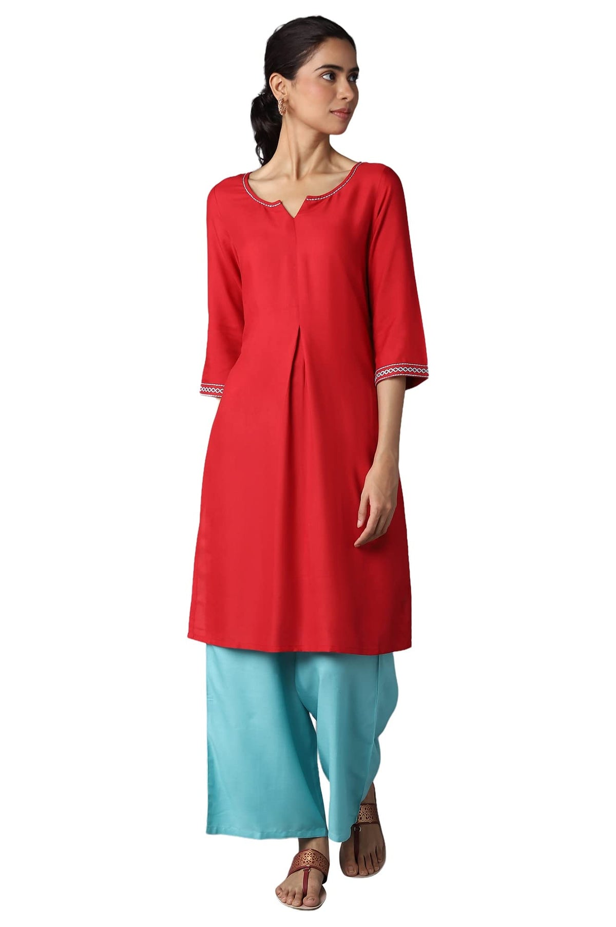 Aure Collection by Aurelia Red Solid Ethnic Kurta with Light Teal Straight Palazzo
