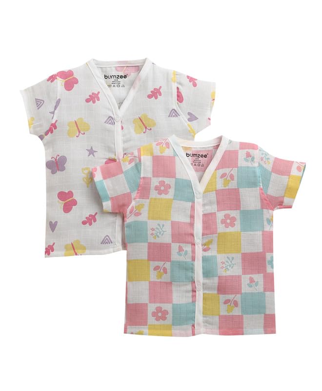 BUMZEE Girls Cotton Muslin Half Sleeves Animal Print Front Open Jabla Pack of 2 White & Multi - 0-3 Months (Peb11546B-wht)