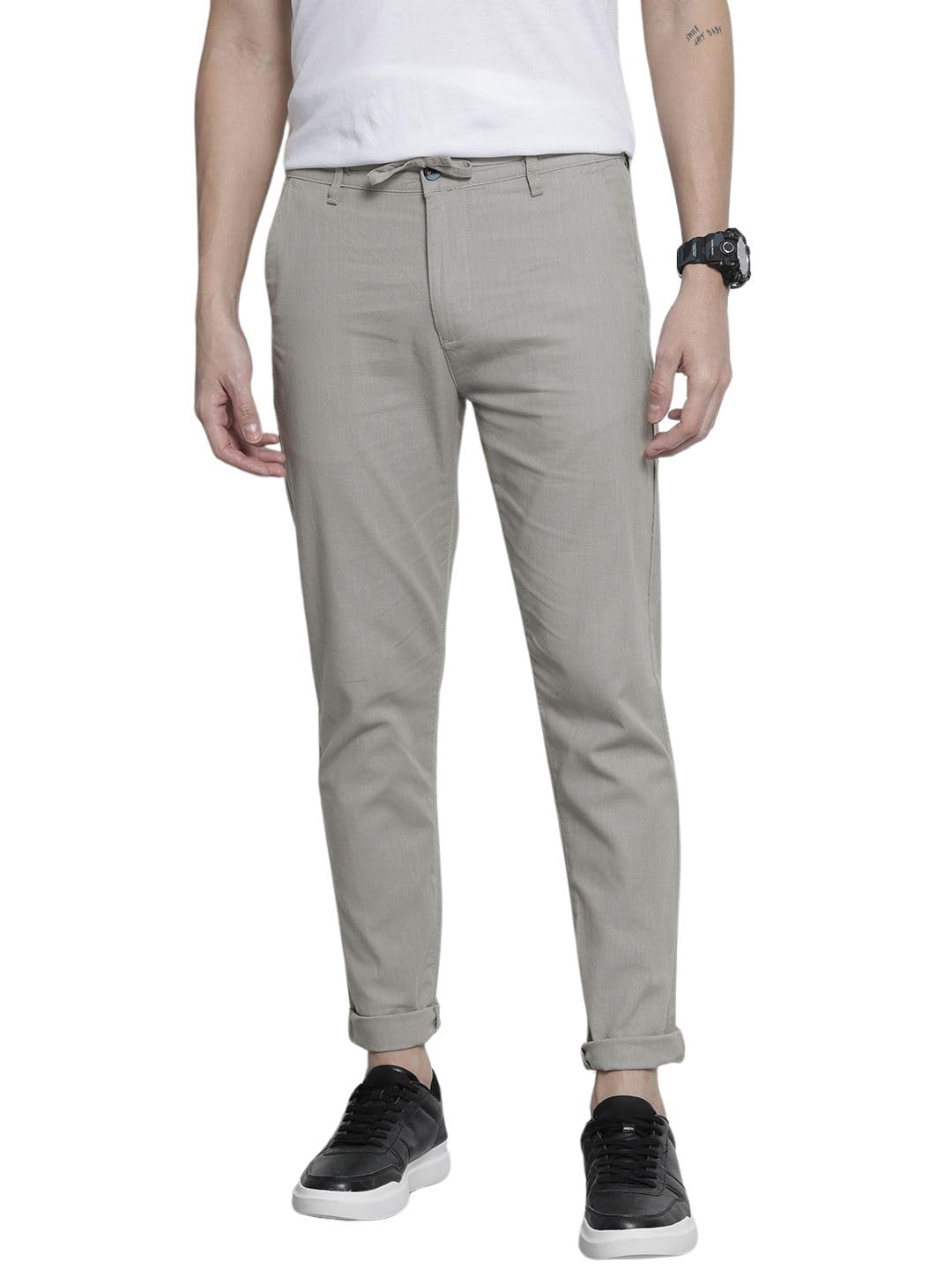 The Indian Garage Co Men Slim Fit Solid Mid-Rise Elasticated Linen Trousers Natural Grey