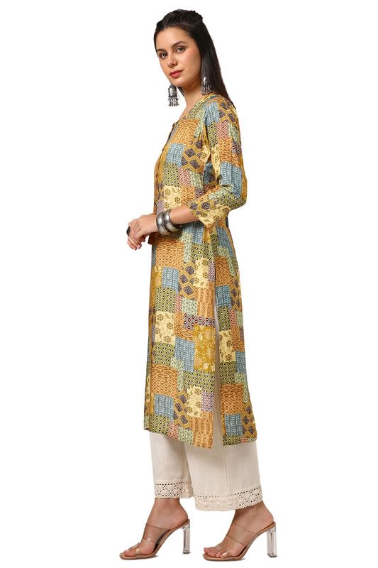 Soch Womens Mustard Viscose Muslin Ethnic Motifs Kurta with Tassels