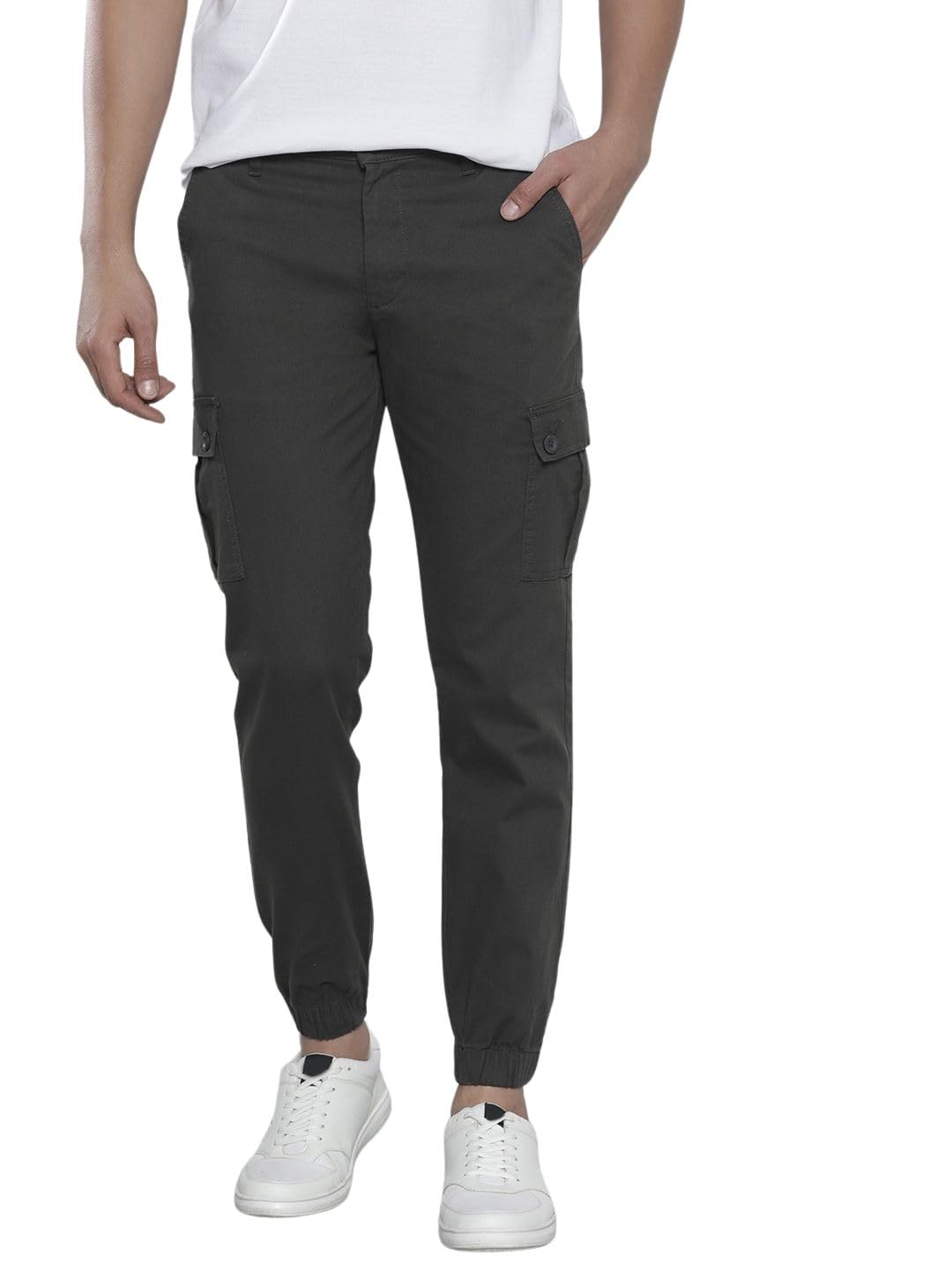 The Indian Garage Co Men Slim Fit Solid Mid-Rise Stretchable Cuffed Cargos Charcoal Black
