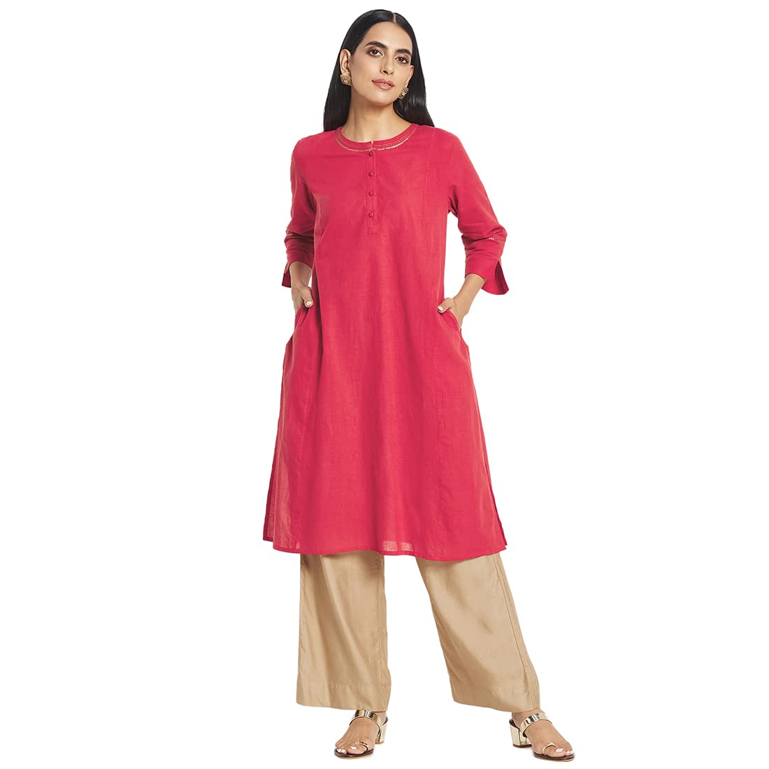 Fabindia Women Cotton Straight Knee Length Kurta Red_Xl