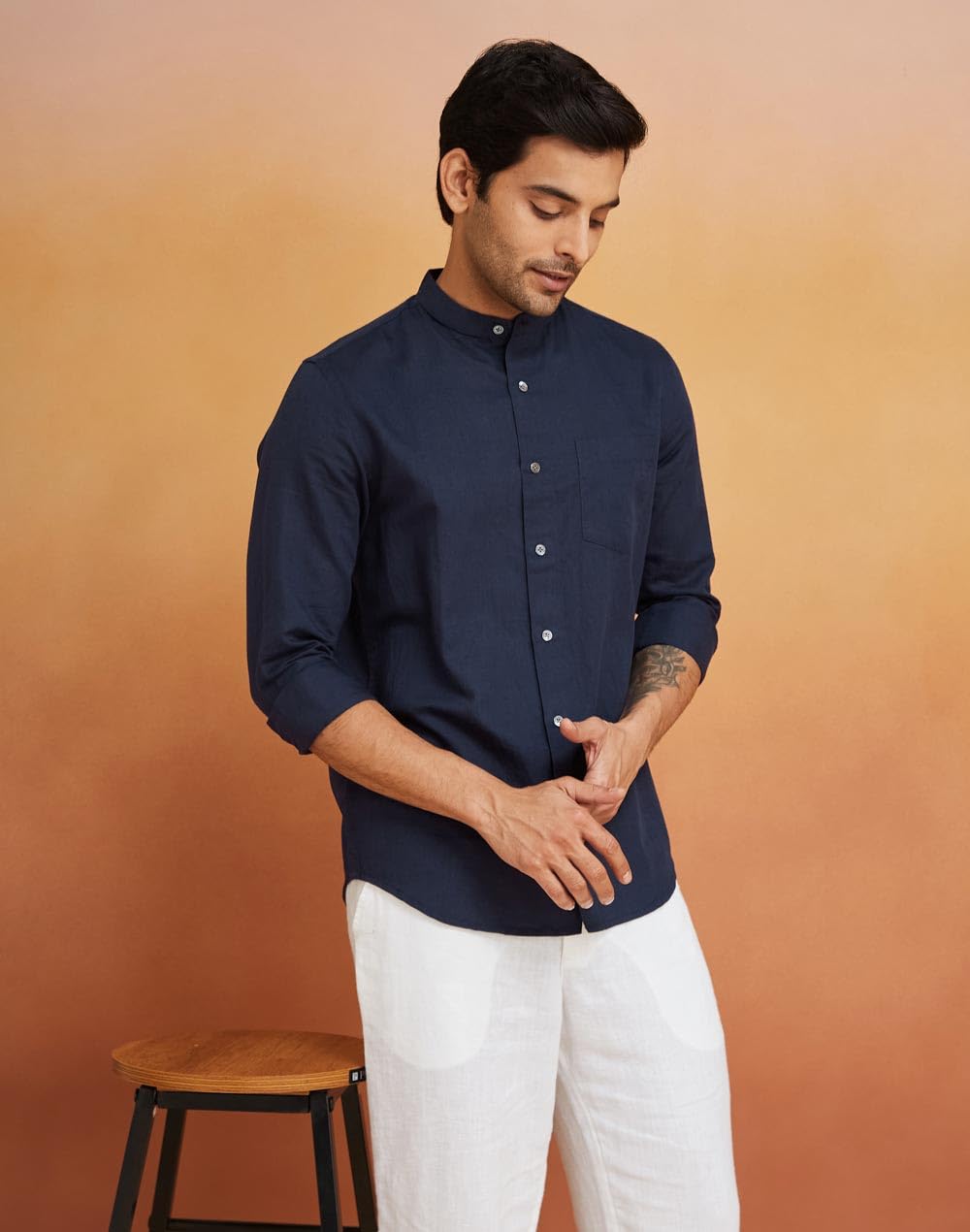 Fabindia Navy Linen Blend Solid Shirt