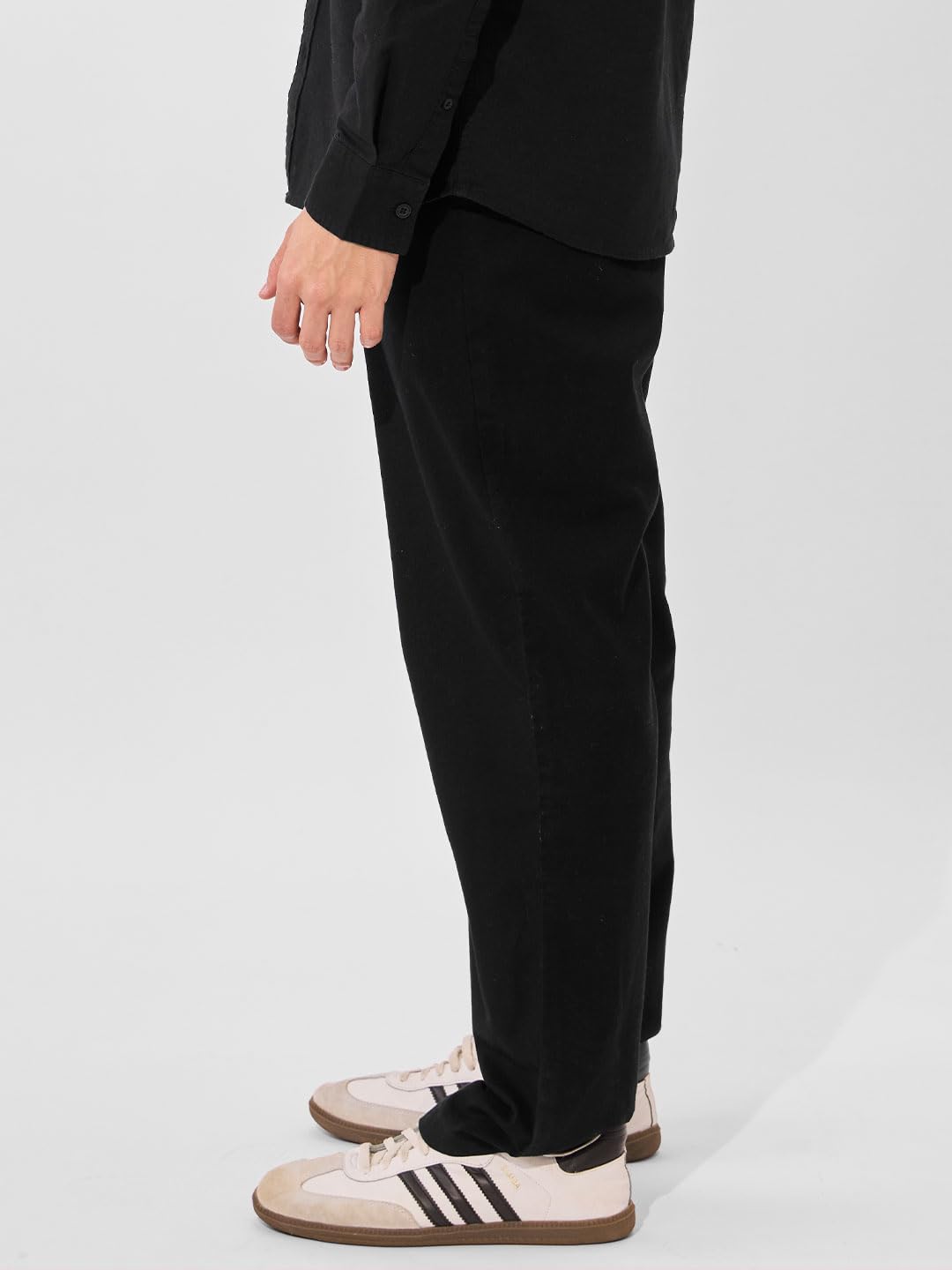 The Souled Store Solids: Midnight Black Mens and Boys Buttoned Slim Fit Cotton Linen Pants