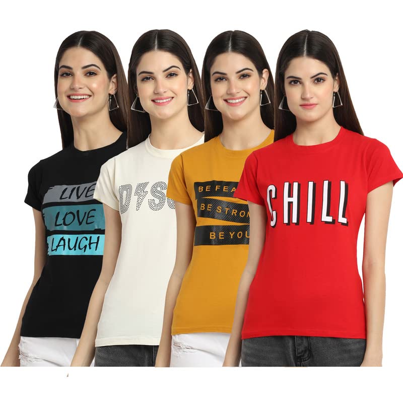 Preneum Womens Cotton Regular Fit Latest Graphic Stylish Printed Short Sleeves Casual T-Shirt (Pack 4), Black & Off White & Yel