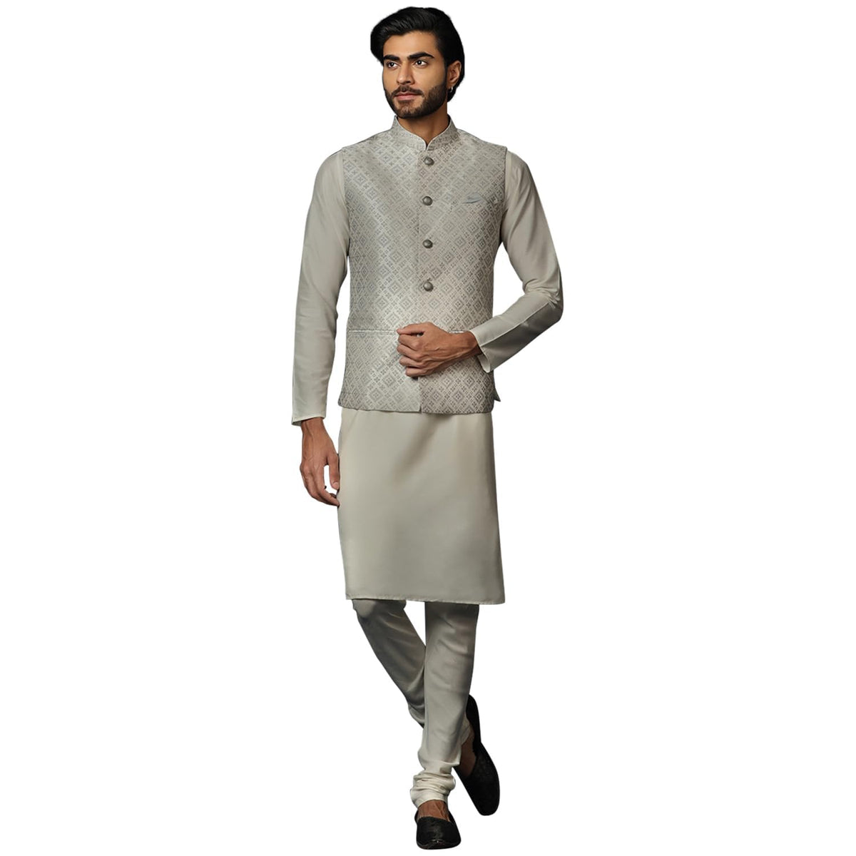 Kisah MenS Silver And Cream Kurta Jacket Churidar Set Cotton Blend, Woven Design, Full Sleeves, Straight, Regular Fit, Mandarin