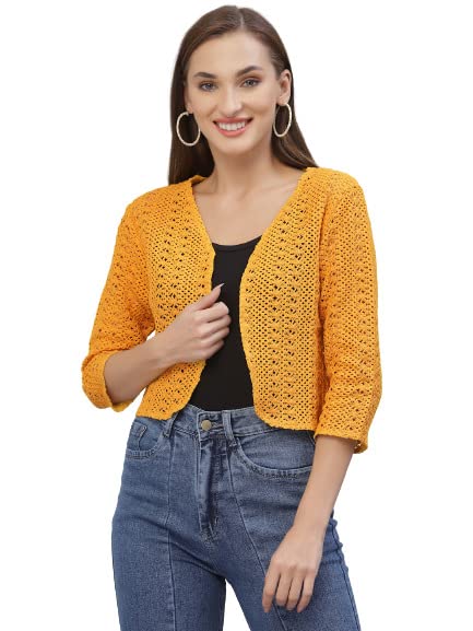 Style Quotient Women Mustard Cotton self Design lace Crop Open Front Shrug