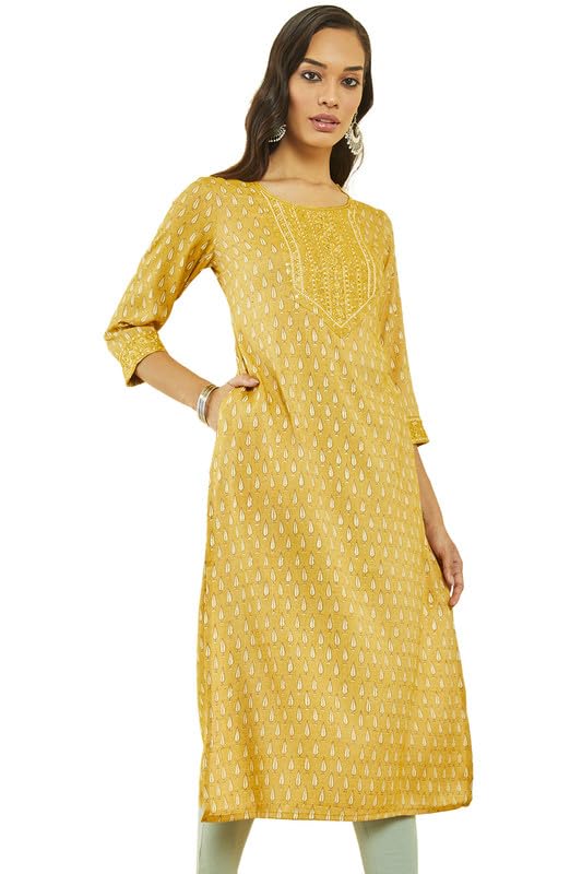 Soch Womens Rayon Leaf Print Round-Neck Straight Kurta with Pocket