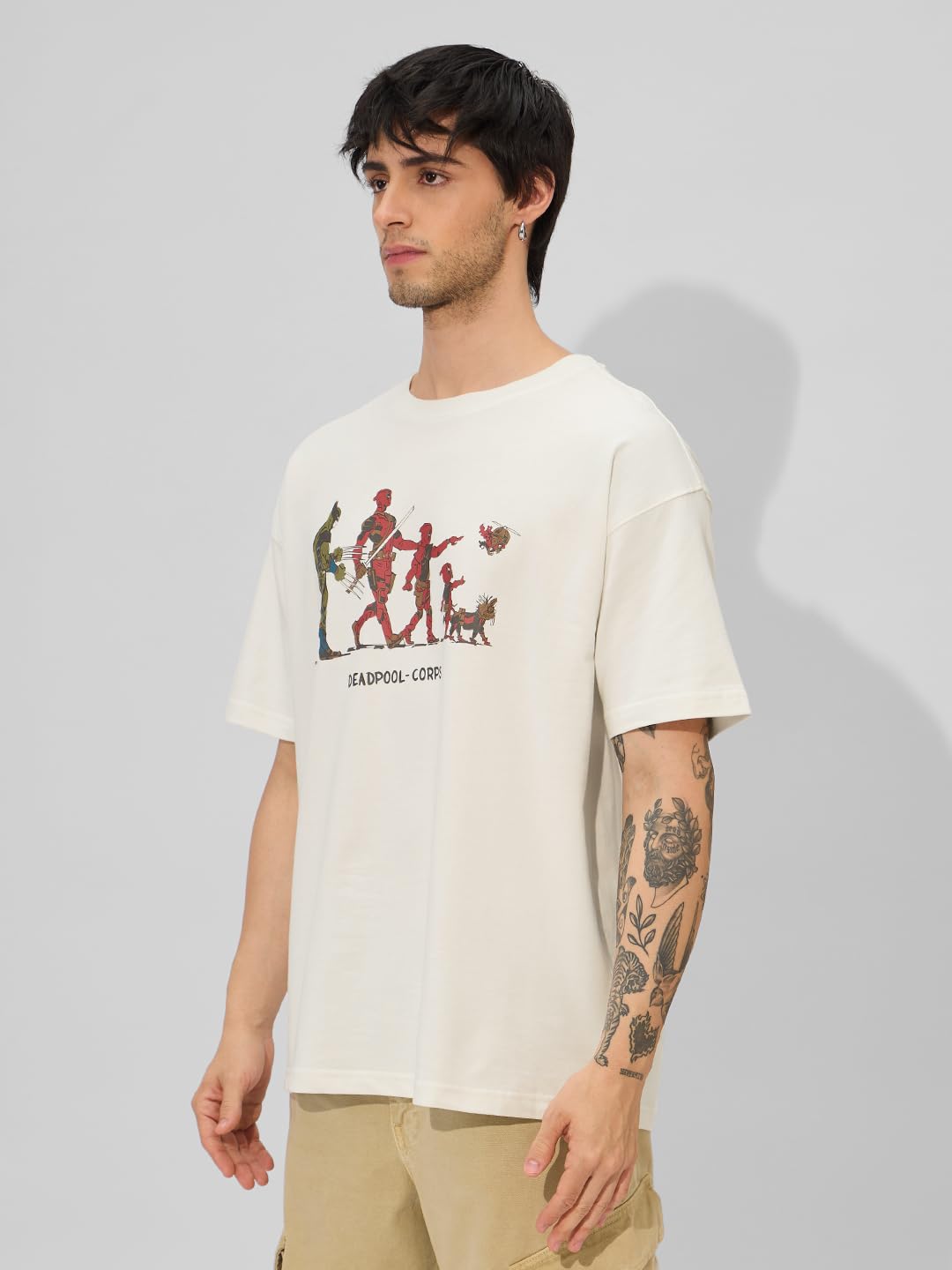 The Souled Store Official Deadpool: Corps Men and Boys Short Sleeves Round Neck White Graphic Printed Cotton Oversized T-Shirts