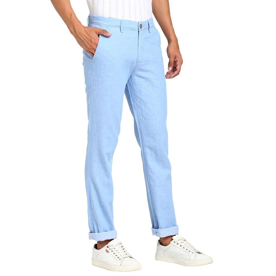 Turtle Men Cotton Linen Light Blue Solid Ultra Slim Fit Casual Trouser