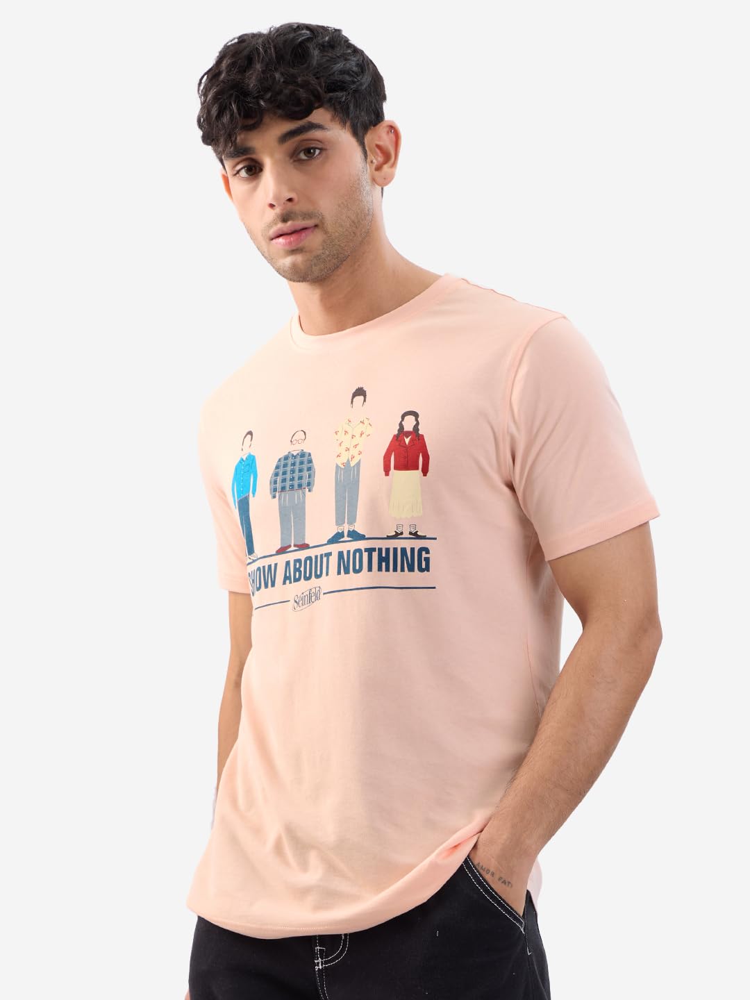 The Souled Store Official Seinfeld: A Show About Nothing Men and Boys Short Sleeves Pink Graphic Printed Regular Fit Cotton T-Sh