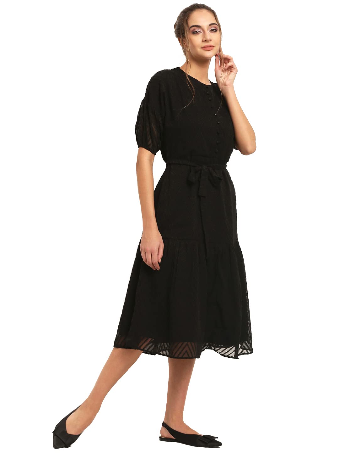 Rare London Women Synthetic A-Line Knee-Long Dress (Ep31080-L_Black_L)