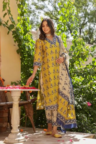 GoSriKi Womens Cotton Blend Straight Printed Kurta with Pant & Dupatta (Uchiha Mustard-GS_M_Mustard_Medium)