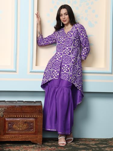 ishin Geometric Printed V-Neck A-Line Kurta with Sharara