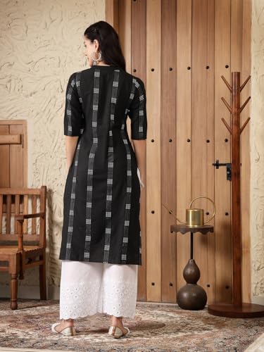 Stylum Women's Self Designed Cotton Blend Straight Kurta (MILTO_Black)