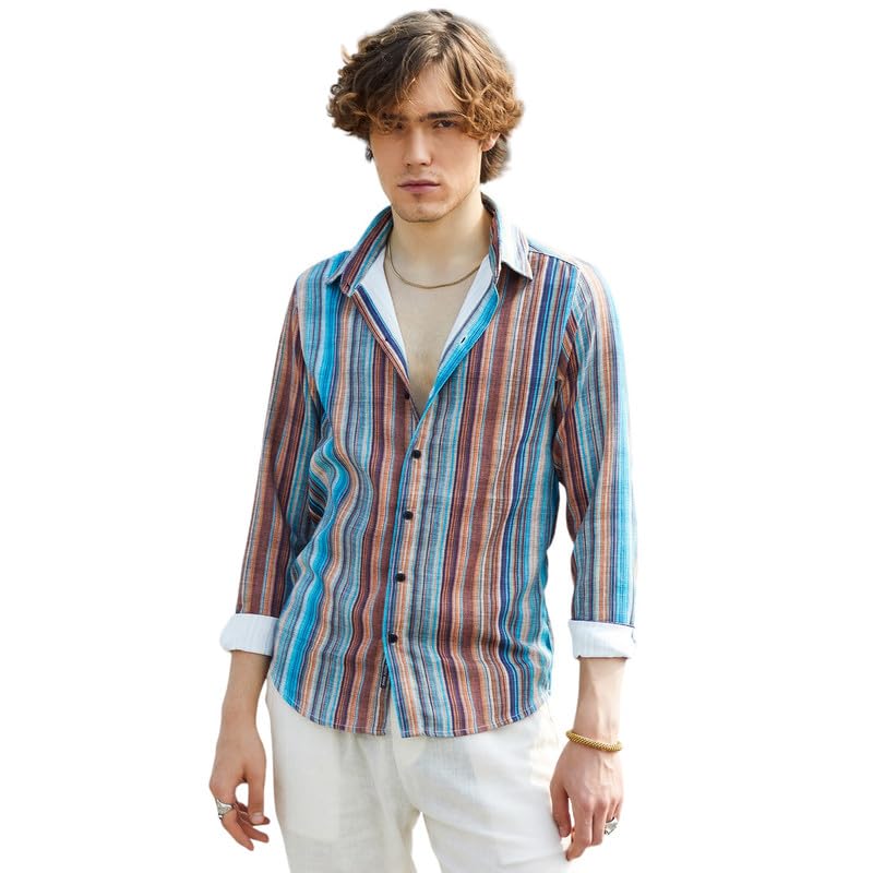 Campus Sutra Mens Azure Blue & Chocolate Brown Multitrack-Striped Shirt for Casual Wear | Spread Collar | Long Sleeve | Button