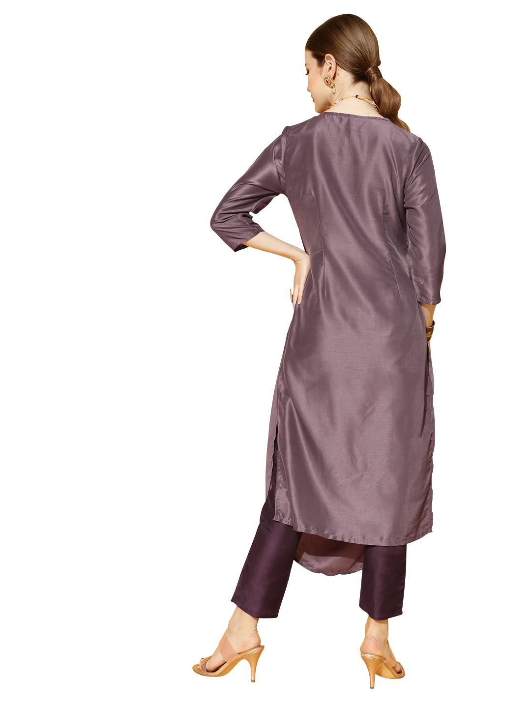 ZIYAA Women's Purple Chinon Flared Kurta And Pant Set(ZIKUCH3729ANDPA)