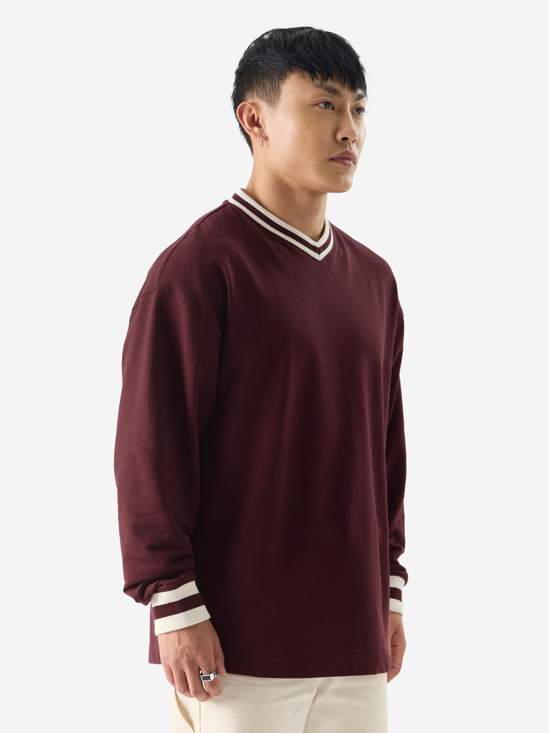The Souled Store Solids: Burgundy Men and Boys V-Neck Full Sleeve Oversized Fit T-Shirts Oversized Mens T-Shirts Solid Basic Te