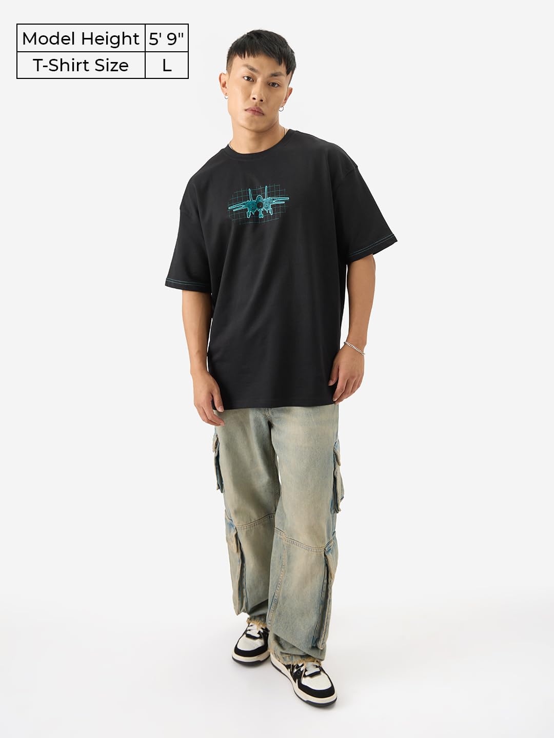 The Souled Store Official Top Gun: Blueprint Men and Boys Short Sleeve Round Neck Black Graphic Printed Cotton Oversized T-Shirt