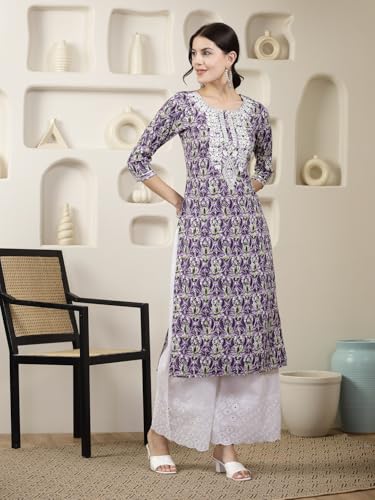 Stylum Women's Printed & Embroidered Rayon Straight Chicken Kurta