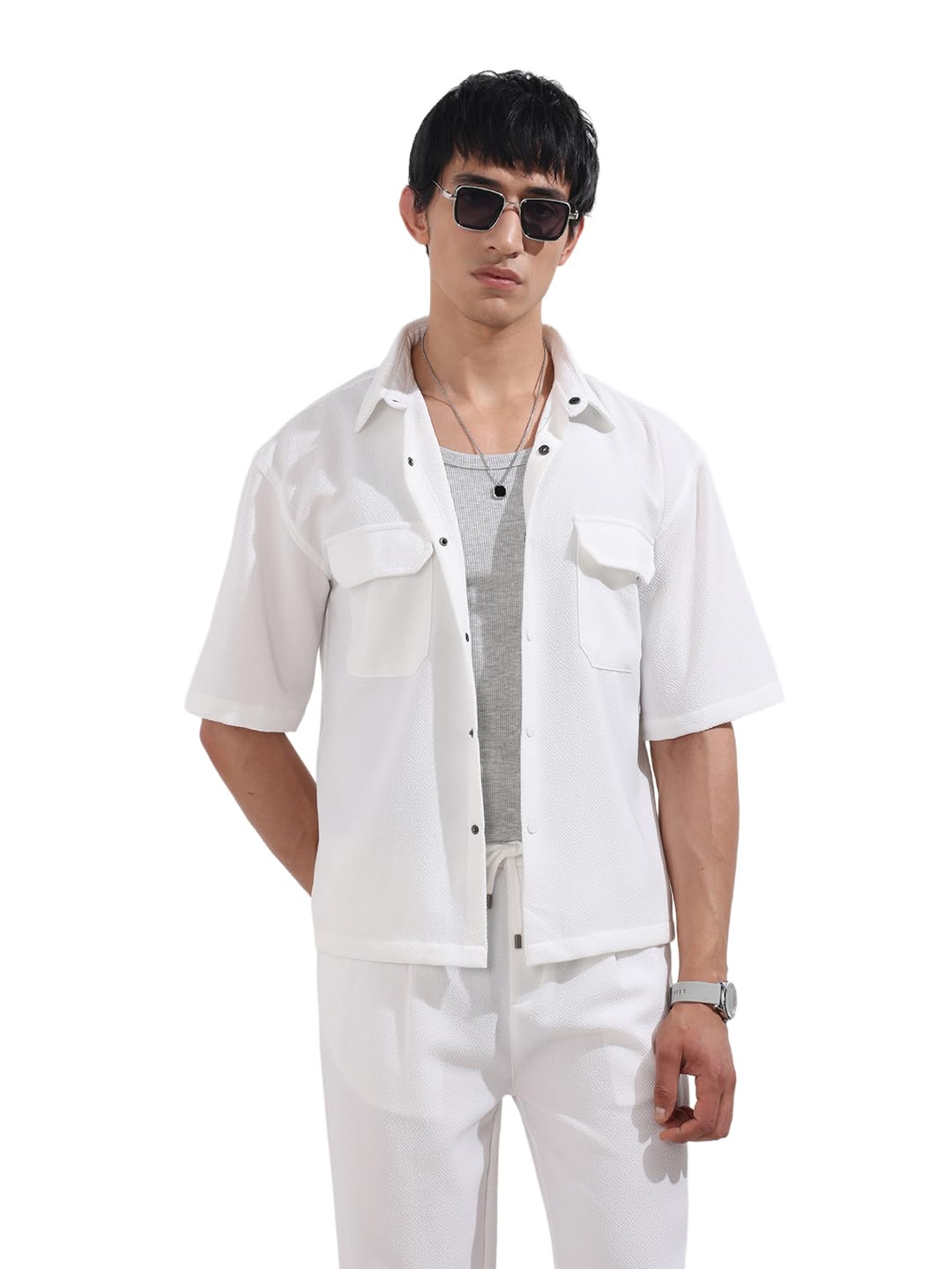 The Indian Garage Co Mens Boxy Textured Cutaway Collar Half Sleeves Shirt