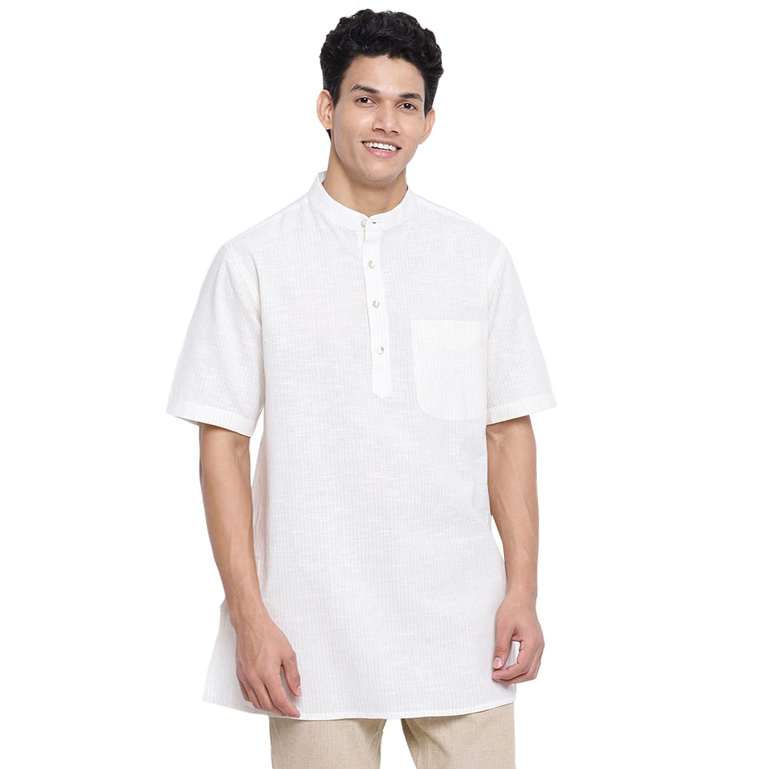 Fabindia Men Cotton Blend Striped Short Kurta Natural_M