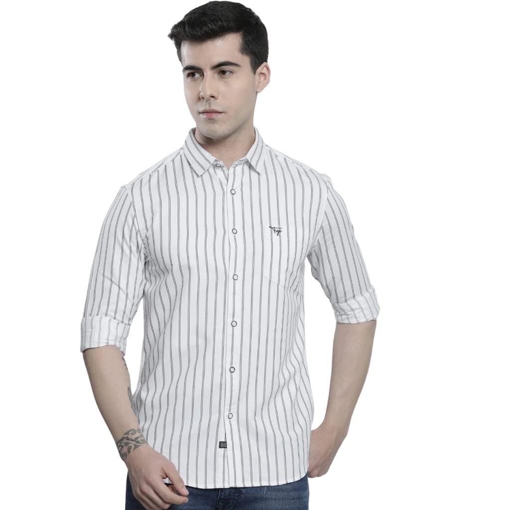 The Indian Garage Co Men White Striped Slim Fit Cotton Casual Shirt