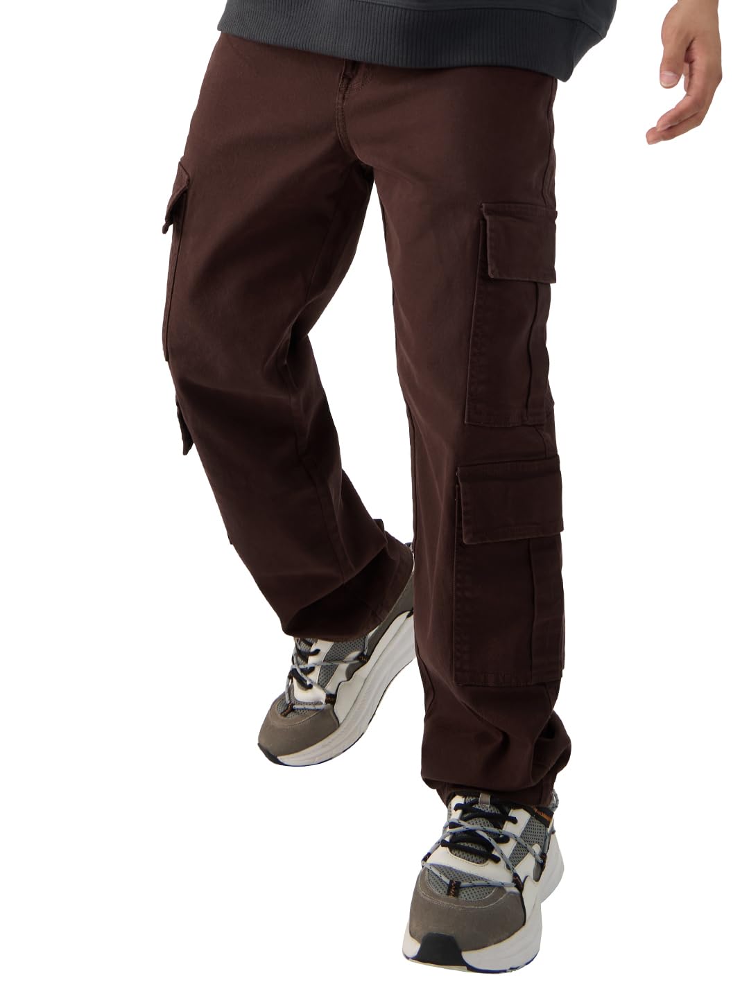 The Souled Store Solids: Decadent Chocolate Straight Fit Cotton Cargo Jeans - Elevate Your Style with Versatile Comfort for Men