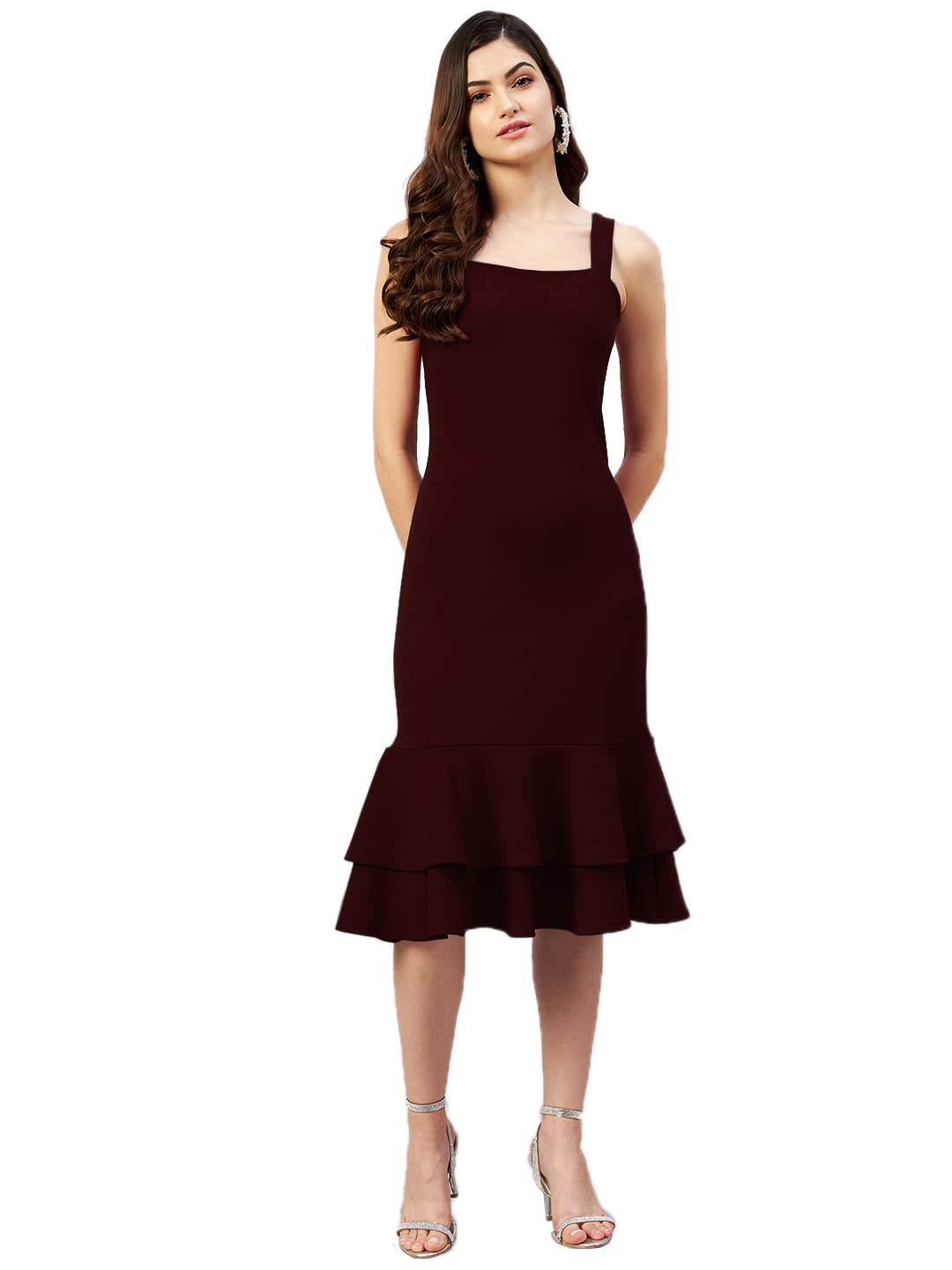 Rare Women Casual Wine Colour Midi Solid Dress