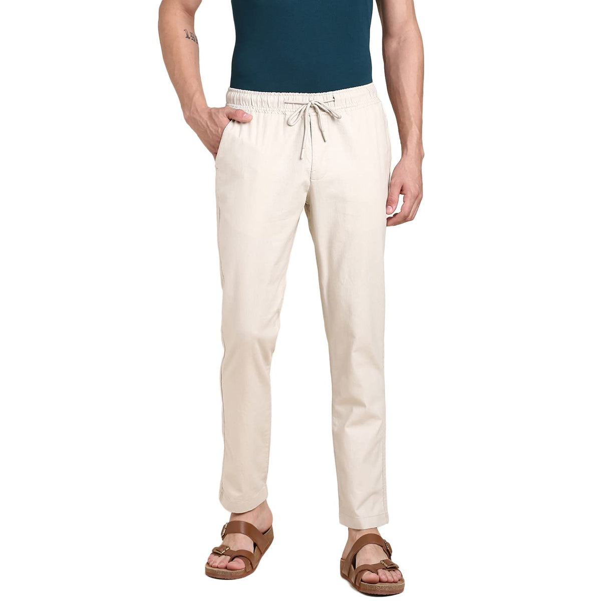 Dennis Lingo Men Slim Fit Beige Linen Trouser
