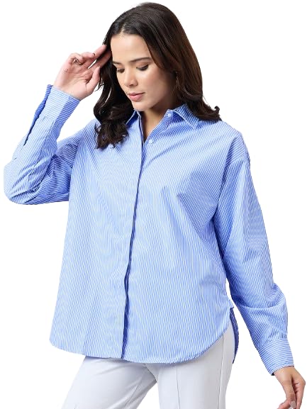 Style Quotient Women Solid Blue and White Smart Casual Oversized Polycotton Shirt