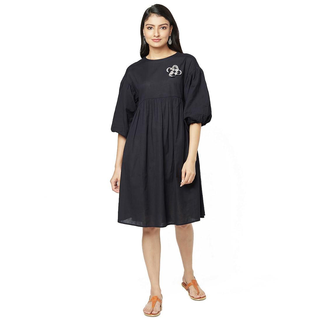 Fabindia WomenS Black Cotton Linen Knee Length Midi Dress 200000601