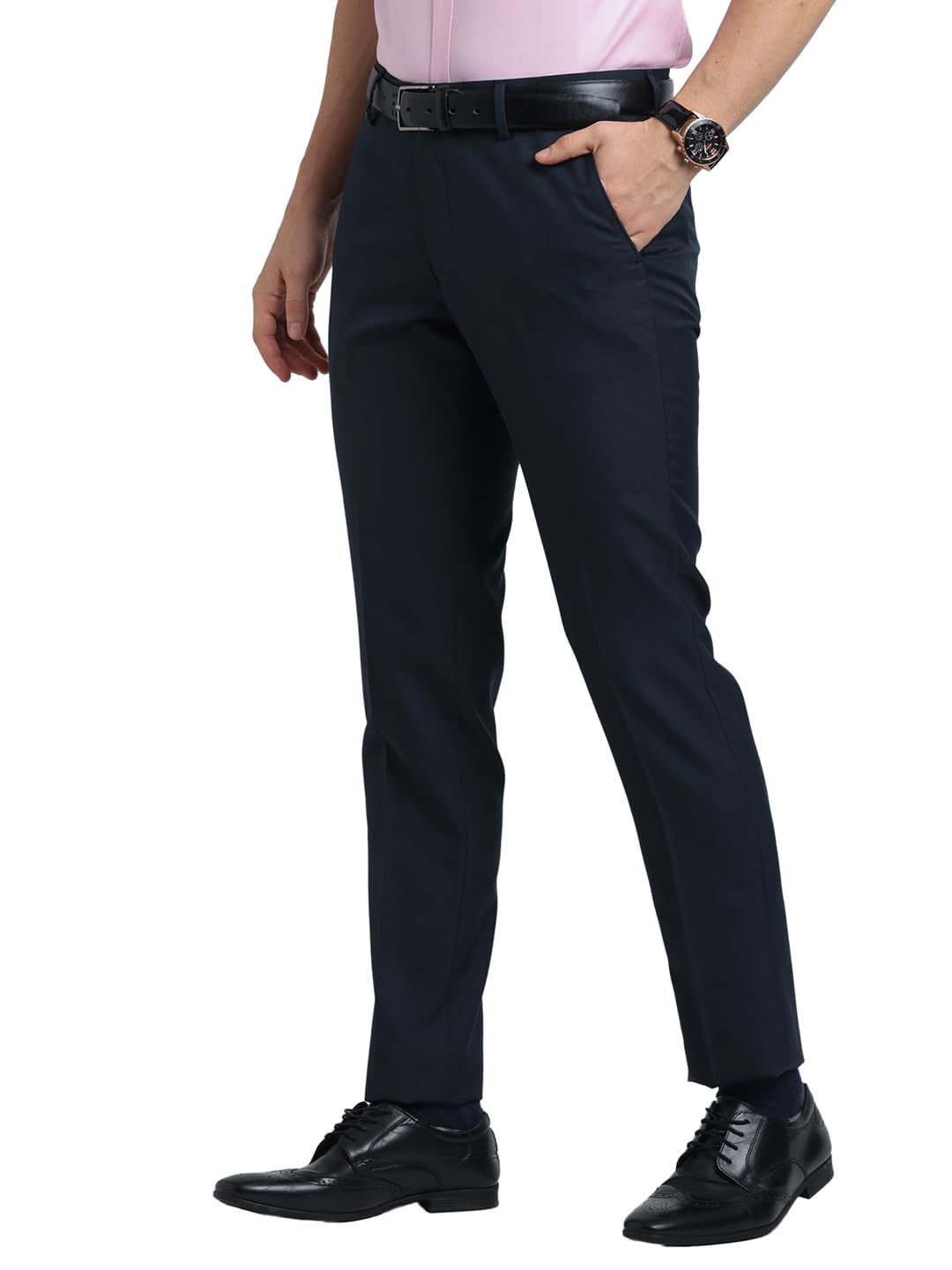 Turtle Men Poly Viscose Navy Blue Solid Slim Fit Formal Trouser
