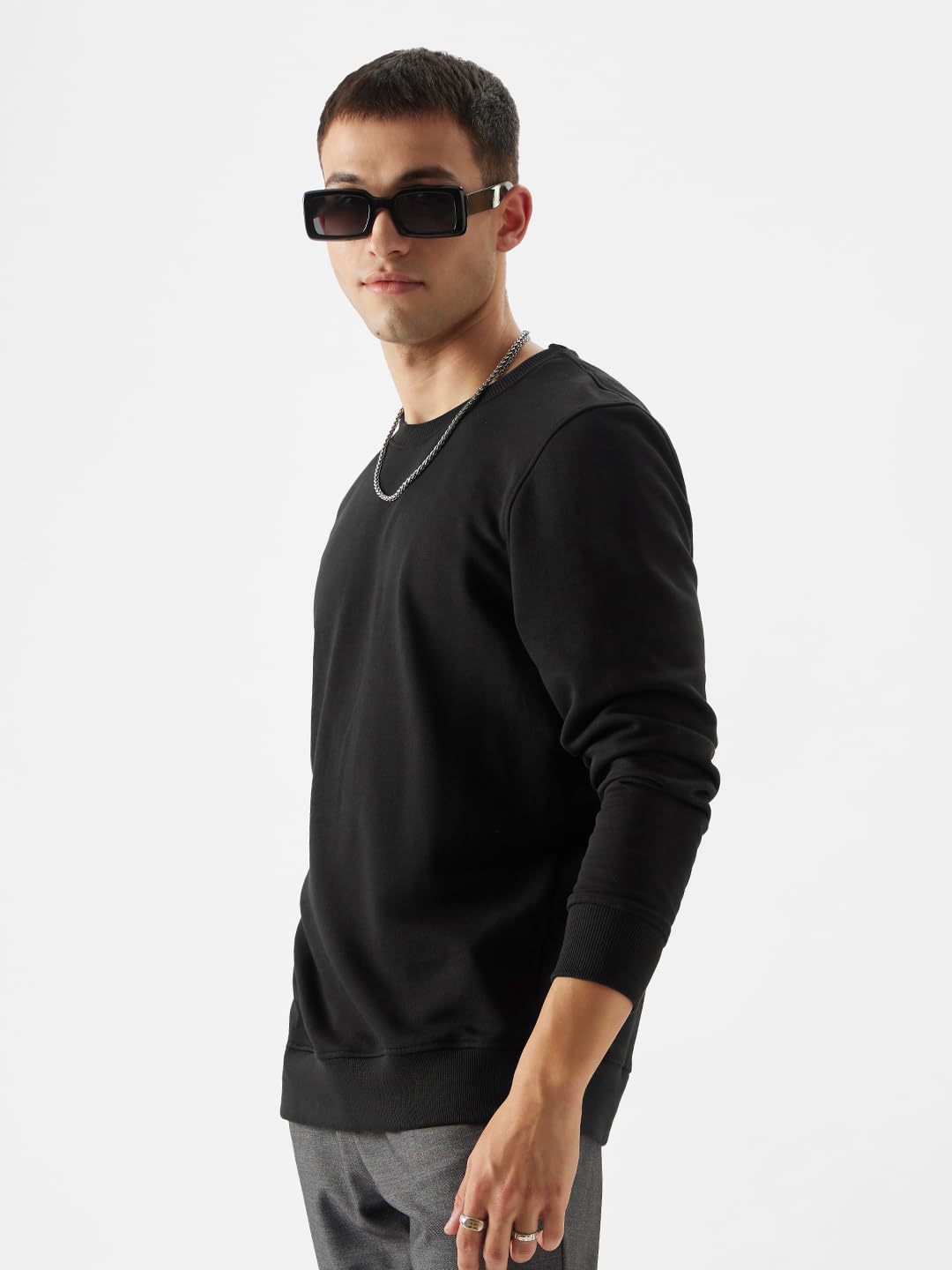 The Souled Store Black Mens Regular fit Full Sleeve Solids Cotton and Polyester Sweatshirts Shirts Casual Button-Down Half Sleev