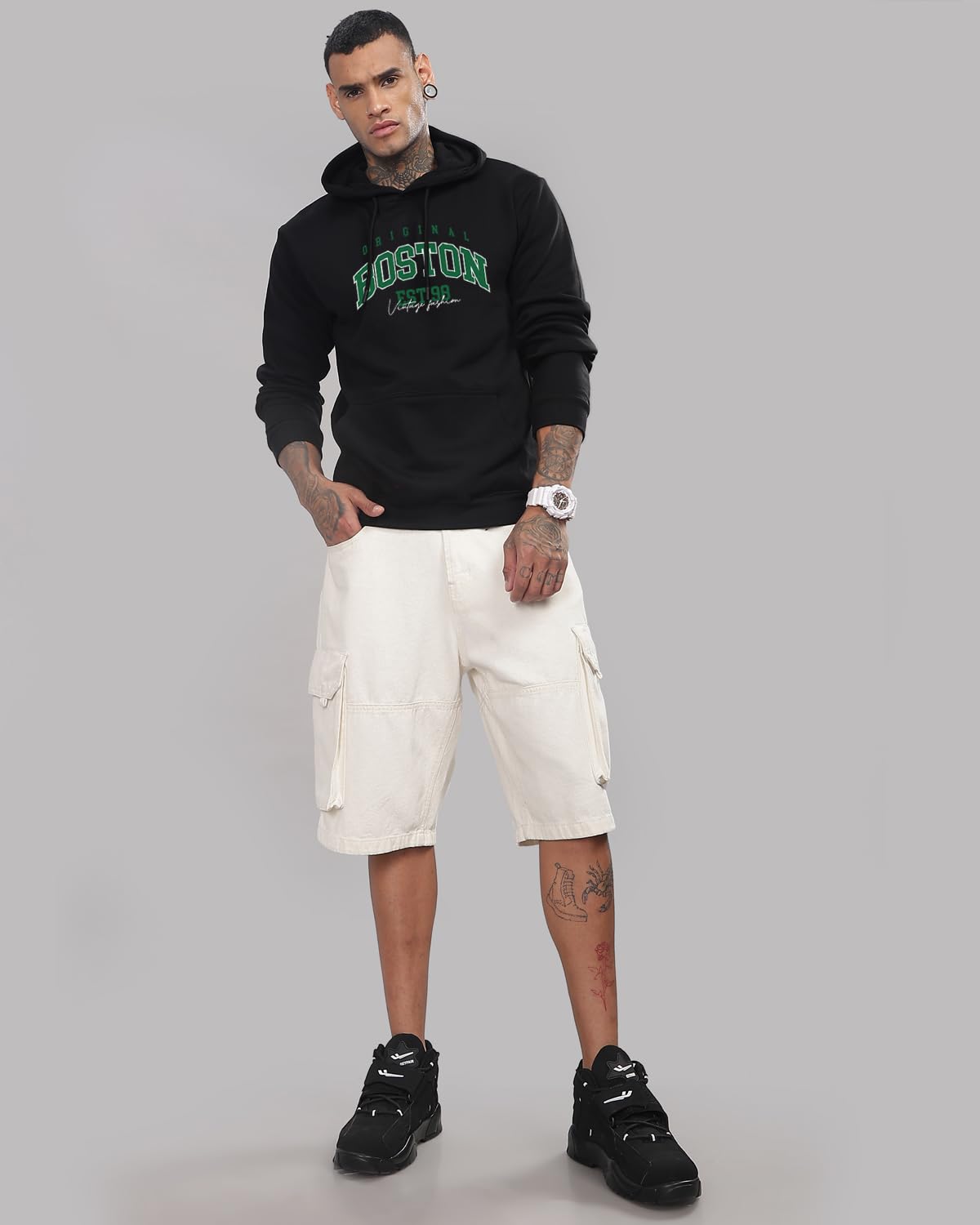 ADRO Men's Cotton Neck Hooded Regular Sweatshirt (H24-BOST-BL_Black, Large