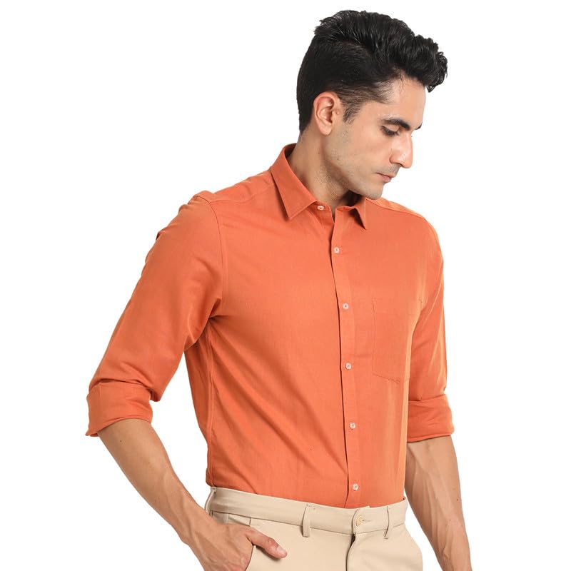 Turtle Men Cotton Linen Slim Fit Rust Solid Formal Shirt