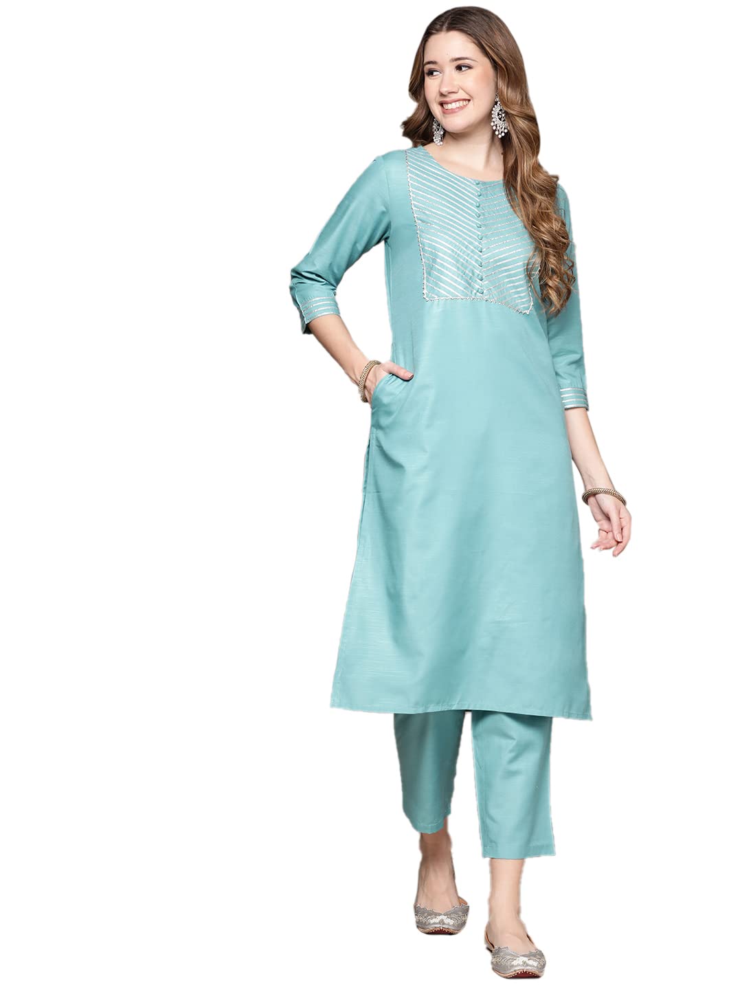 Anubhutee WomenS Cotton Sky Blue Gota Patti Work Solid Straight Kurta Suit Set With Trousers