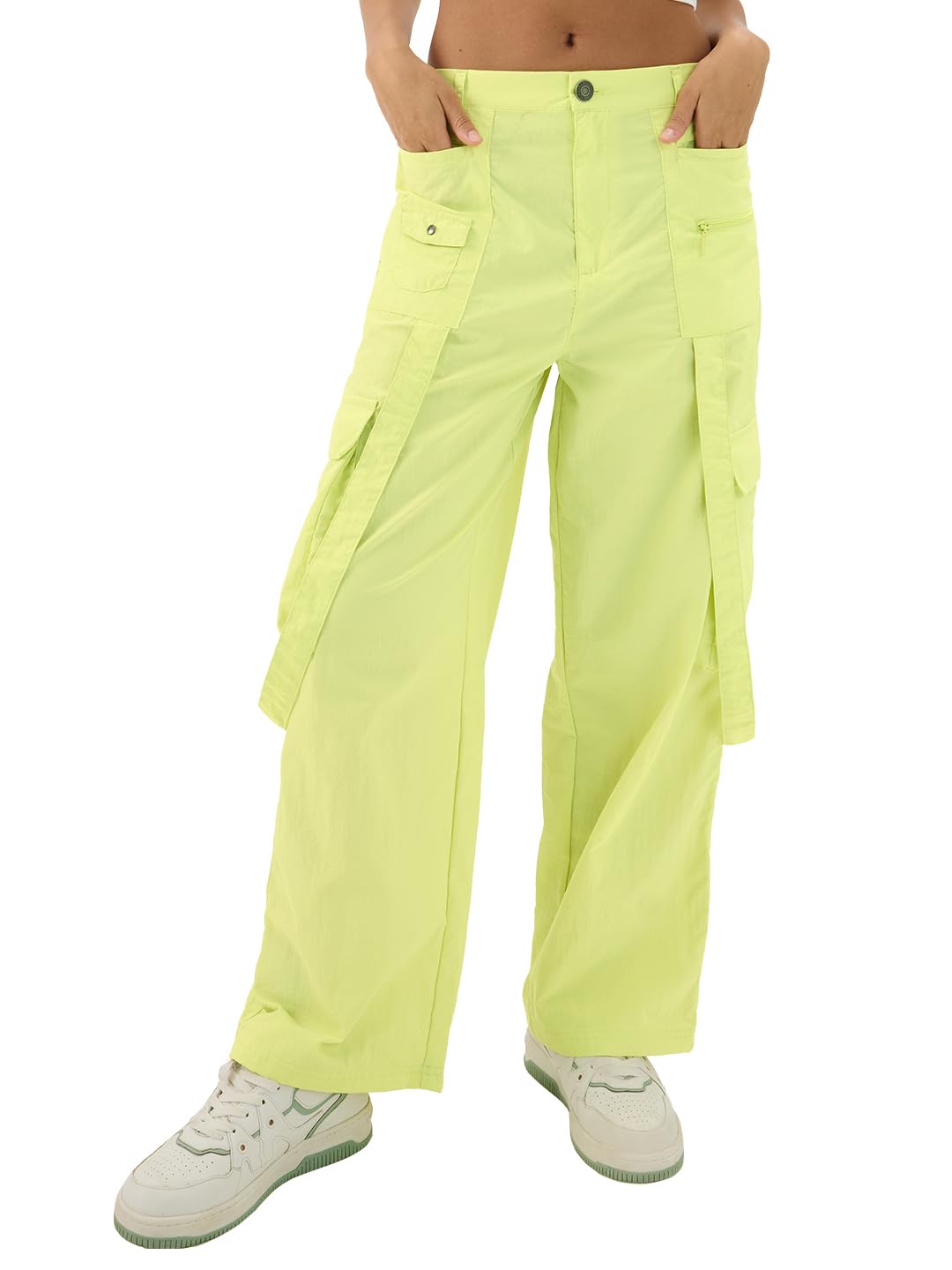 The Souled Store Lime Women & Girls Buttoned Solid Nylon Loose Fit Parachute Pants