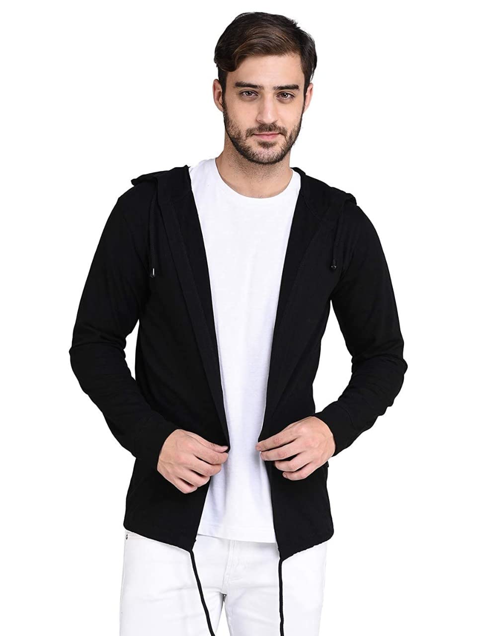 Rigo Men Black Hooded Long Sleeves Cotton Slim Fit Open Long Cardigan | Full Sleeves Shrug for Men