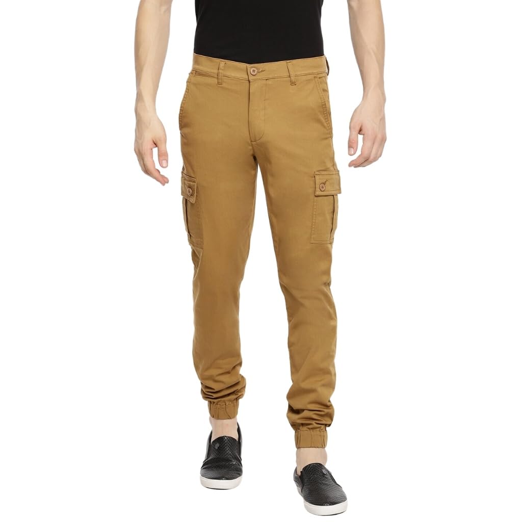 The Indian Garage Co Men Slim Fit Solid Mid-Rise Cuffed Cargos Khaki