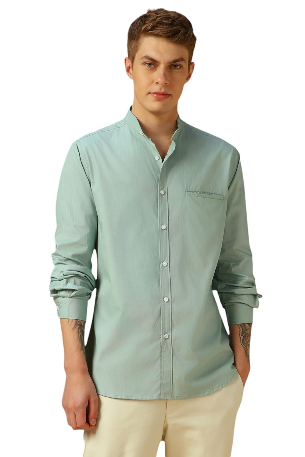 Dennis Lingo MenS Sage Green Full Sleeve Mandarin Collar Solid Regular Fit Casual Shirt