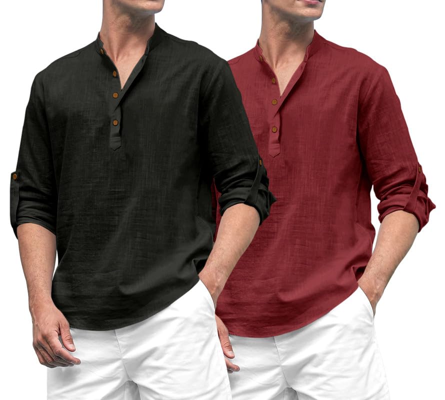 Royalscout Combo Of MenS Solid Cotton Blend Full Sleeve Straight Kurta Shirt (Pack Of 2) Black-Maroon