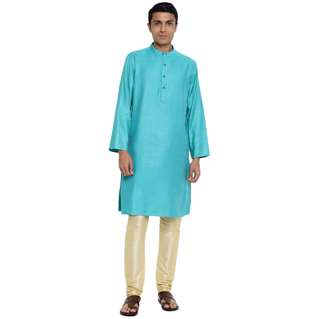 Fabindia Men Viscose Blend Striped Long Kurta Teal_XS