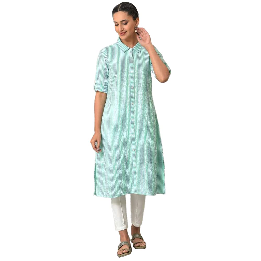 Aurelia Women'S Rayon Solid Regular Green A-Line Shirt Collar Kurta (23Fea13804-702949
