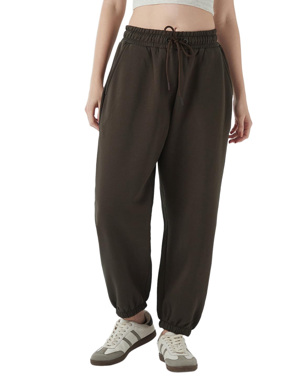 Bewakoof Womens Solid Super Loose Fit Poly Cotton Joggers_649925_Brown_2XL