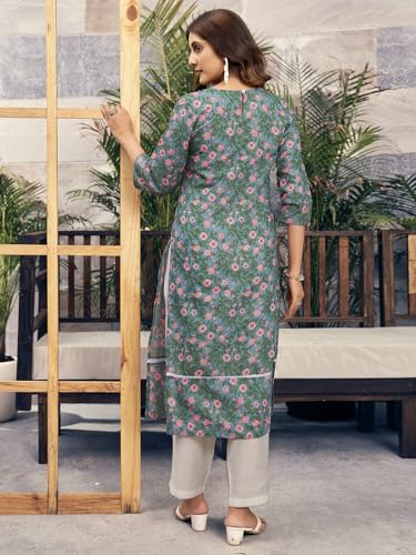 Sanisa Women's Cotton Floral Printed Chikankari Embroidered Straight Kurti